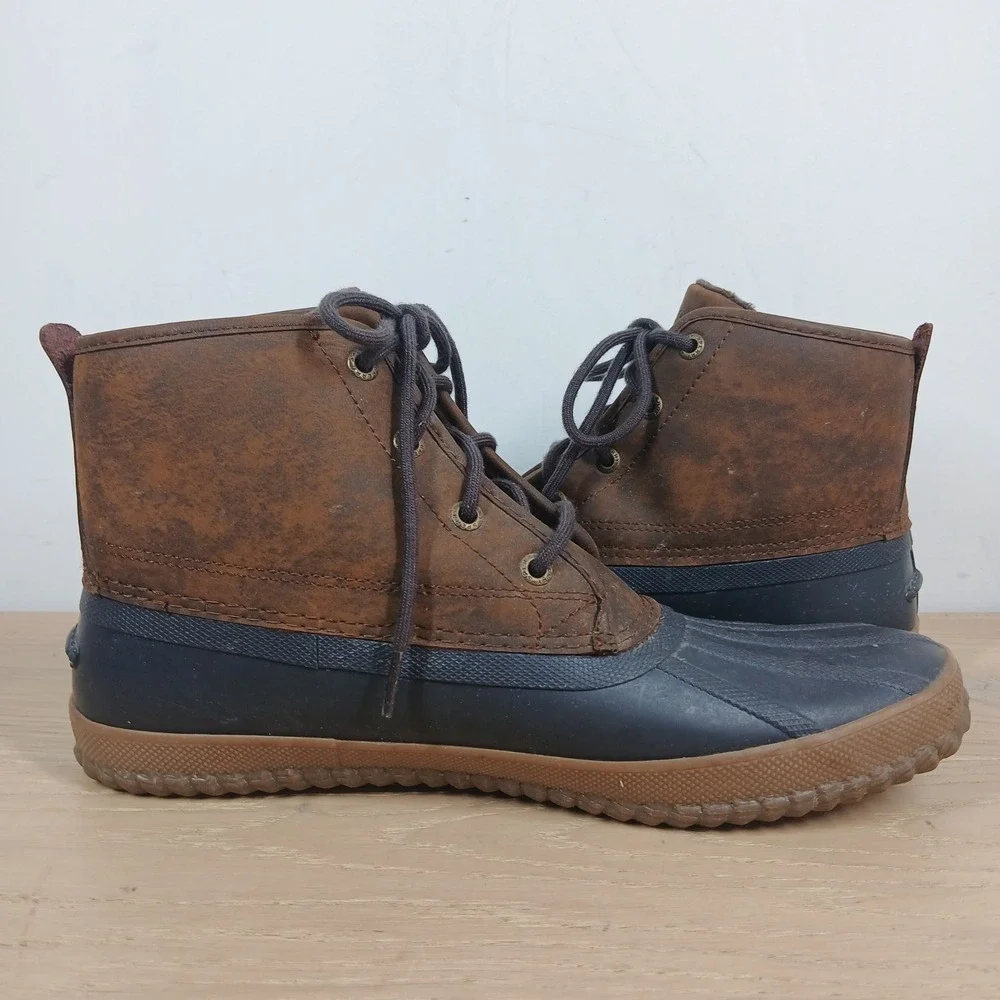 Sperry Duck Boots Mens 9.5 Brown Navy Leather Waterproof Lace Up Winter Boots